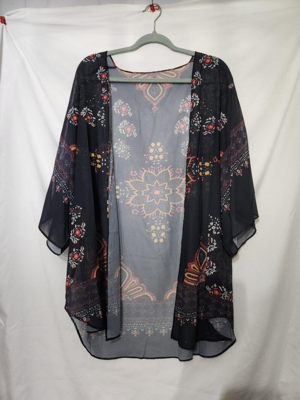 Boho Floral Chiffon Kimono Cardigan Black Orange Duster Cover Up XXL
